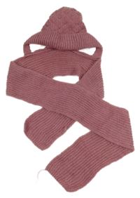 Růžová pletená zateplená čepice se šálou 