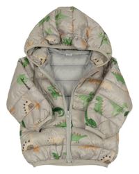 Béžová šusťáková prošívaná zimní bunda s dinosaury a kapucí 