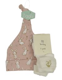 Nové - 3set - Růžová čepice s králíčky + 2pack - bílé žebrované ponožky 