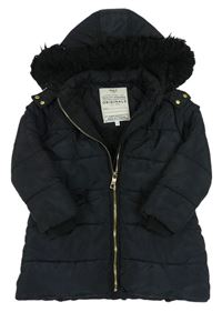 Černý prošívaný šusťákový zimní kabát s kapucí s kožešinou M&S