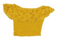Žlutooranžový žabičkový crop top s volánkem s madeirou zn. New Look