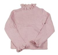 Světlerůžový melírovaný žebrovaný svetrový crop rolák s volánky Matalan