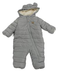 Šedá prošívaná šusťáková zimní kombinéza s medvídkem a kapucí s oušky H&M