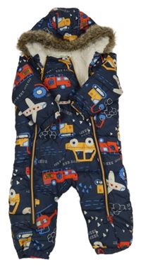 Tmavomodrá prošívaná šusťáková zimní kombinéza s motorovými prostředky a kapucí s kožešinou F&F