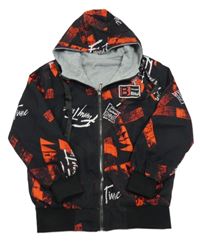 Černo-červený šusťákový jarní oboustranný bomber s nápisy a nášivkou a kapucí 