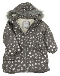 Tmavošedo-stříbrný vzorovaný prošívaný šusťákový zimní kabát s kapucí s kožešinou Tu