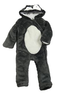 Tmavošedo-bílá plyšová zateplená kombinéza s kapucí - tučňáček F&F