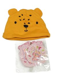 Nové - 2Set - Oranžová čepice s čumáčkem a oušky + světlerůžové rukavice s kočičkou 