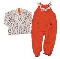 Nové - 2Set - Červené dupačky s mašličkami a volánkem + bílé triko s kytičkami a jahůdkami KANZ