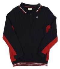 Tmavomodro/vínový svetr s výšivkou a pruhy a límečkem F&F