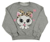 Šedá melírovaná mikina s kočičkou a srdíčky SHEIN