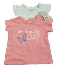 Nové - 2x - Tričko - Růžové s motýlky a nápisy, bílo/mátové pruhované s volánky lupilu
