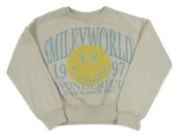 Svělešedá oversize crop mikina se smajlíkem a nápisy 