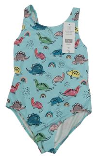 Nové - světlemodré jednodílné plavky s dinosaury a duhami F&F