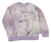 Bílo-světlefialovo/růžová plyšová mikina s jednorožcem H&M