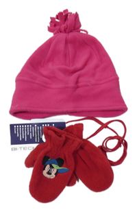 Nové - 2Set - Tmavorůžová fleecová čepice impidimpi + červené palcové rukavice s Mickey a šňůrkou Disney