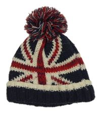 Tmavomodro-smetanovo-červená pletená čepice s britskou vlajkou a bambulí Rebel