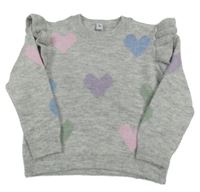 Šedý melírovaný svetr se srdíčky a volánky Tu