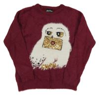 Vínový chlupatý svetr s Hedvikou s flitry - Harry Potter Primark