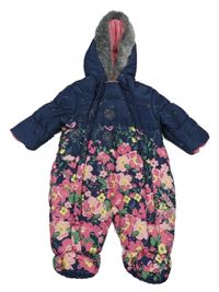 Tmavomodro-růžová šusťáková zimní kombinéza s květy a kapucí Mothercare