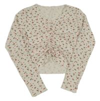 Bílé květované žebrované crop triko 