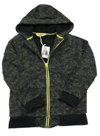 Nové - černo-khaki vzorovaná propínací zateplená mikina s kapucí Pocopiano