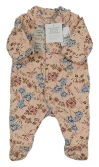 Nové - Světlerůžový květovaný prošívaný teplákový overal Tu