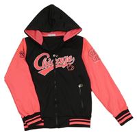 Černo-růžová neonová sportovní propínací mikina s nápisem a kapucí 