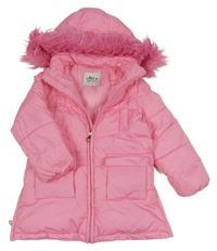 Růžová šusťáková zateplená bunda s kapucí s kožešinou 