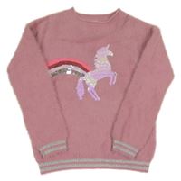 Růžový chlupatý svetr s jednorožcem z flitrů M&S