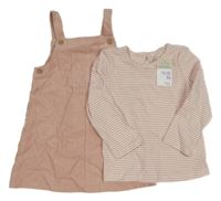 Nové - 2 set - růžovo-bílé pruhované triko + růžové laclové manšestrové šaty s kapsou Primark