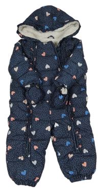 Tmavomodrá puntíkatá šusťáková zimní kombinéza se srdíčky a kapucí + rukavice Tom Tailor