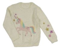 Bílý chlupatý svetr s jednorožcem Nutmeg