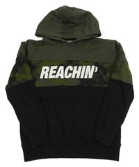 Khaki-černá mikina s nápisem a army pruhem a kapucí C&A