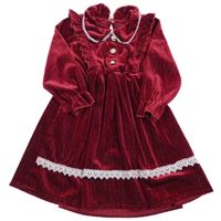 Vínové sametové třpytivé šaty s límečkem a volánky