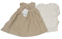Nové - 2set - Bílé květované body + béžové manšestrové šaty s květy C&A