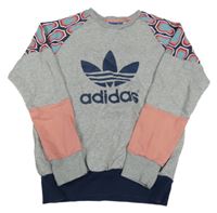 Šedo-tmavomodro-růžová mikina s logem a vzorovanými rukávy Adidas