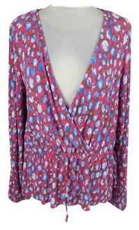 Dámská tmavorůžovo-modrá květovaná plisovaná peplum halenka Pimkie 