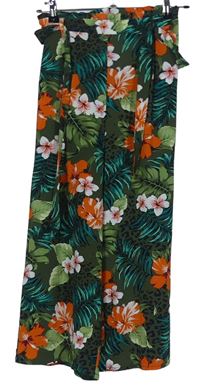 Dámské khaki květované culottes kalhoty s páskem zn. Primark vel. 32
