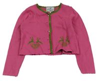 Růžovo-zelený propínací crop svetr s jeleny a srdíčky