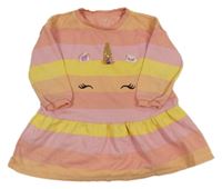 Růžovo-meruňkovo-žluté pruhované teplákové šaty s jednorožcem F&F