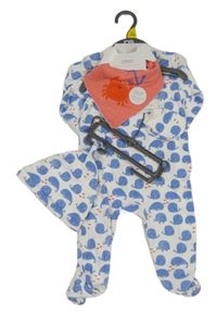 Nové - 4set- bílý overal s velrybami+ čepice+ rukavice+ slinták Mothercare