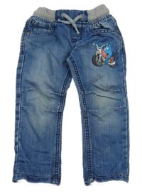 Modré rifle s motorkou a úpletovým pasem C&A