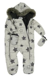 Světlešedá melírovaná šusťáková zimní kombinéza s hvězdami a kapucí + rukavice F&F