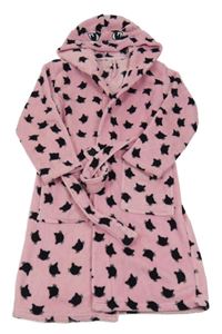 Růžový chlupatý župan s kočičkami a kapucí