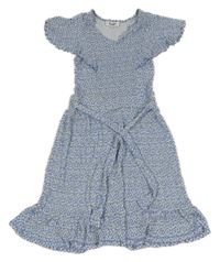 Světlemodro-žluto-bílé květované šaty s volány FISH&CHIPS