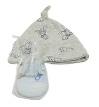 2 set - šedá bavlněná čepička s Dumbem + modré rukavičky s obrázky