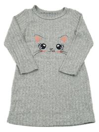 Šedé melírované žebrované úpletové šaty s kočkou
