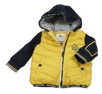 Tmavomodro-žlutá šusťáková zateplená bunda s mikinovými rukávy a kapucí 