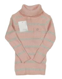 Nové - světlerůžovo/šedo/stříbrný pruhovaný žebrovaný svetrový rolák s kapsou Next